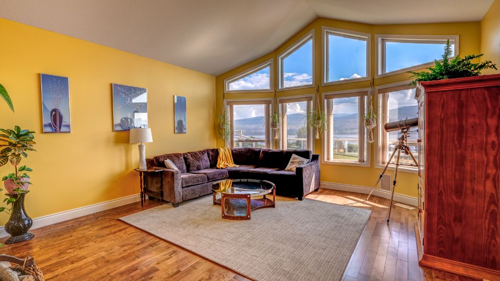 Living room with panoramic lake views
