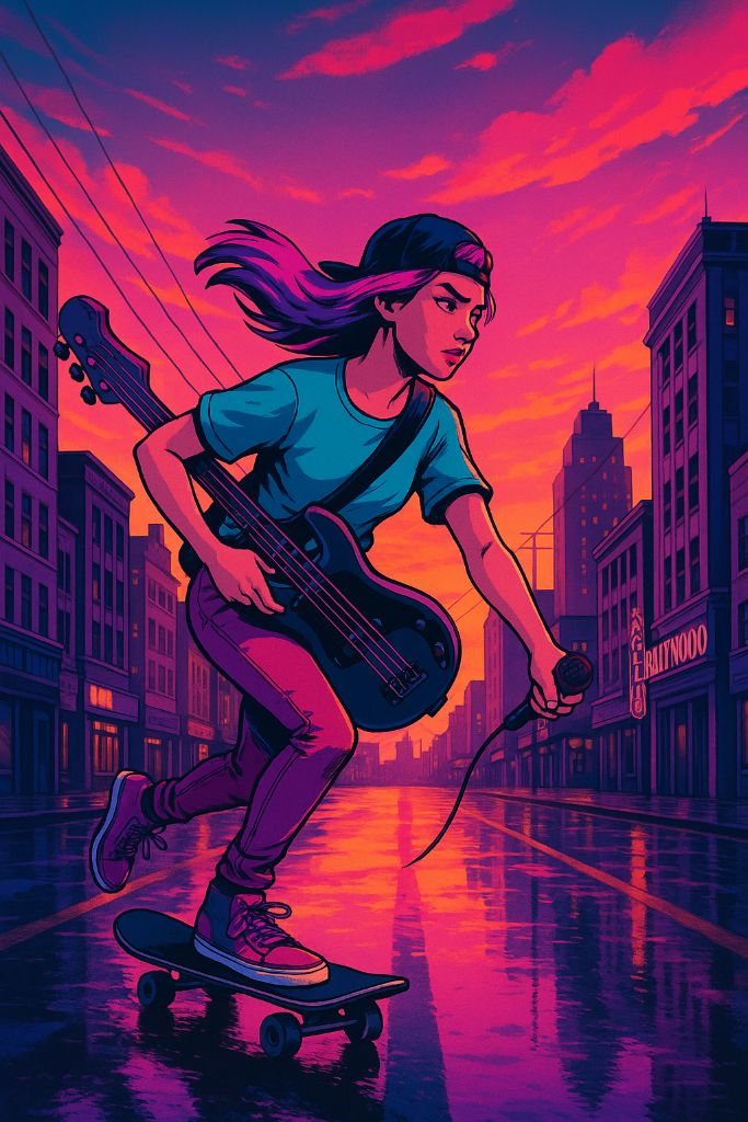 Skateboarder with Guitar