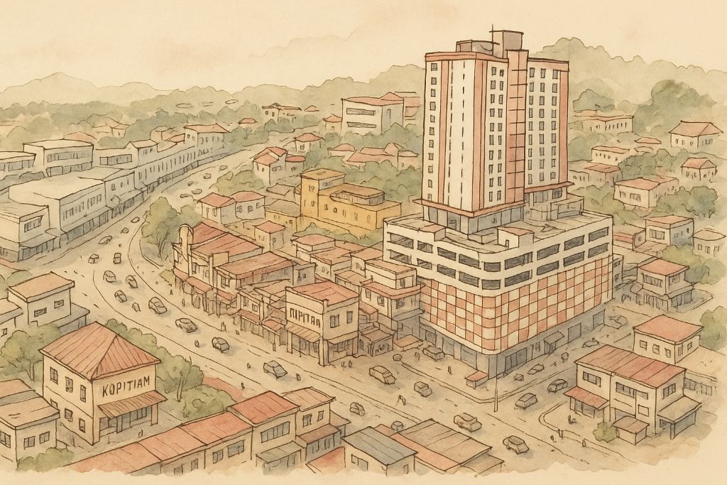 Watercolor Aerial View of Inanam - High-rise & Shophouses Scene