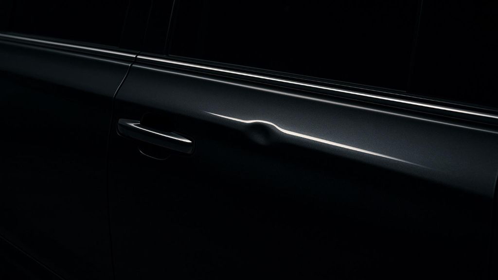 Close-up of hail damage on vehicle door being repaired