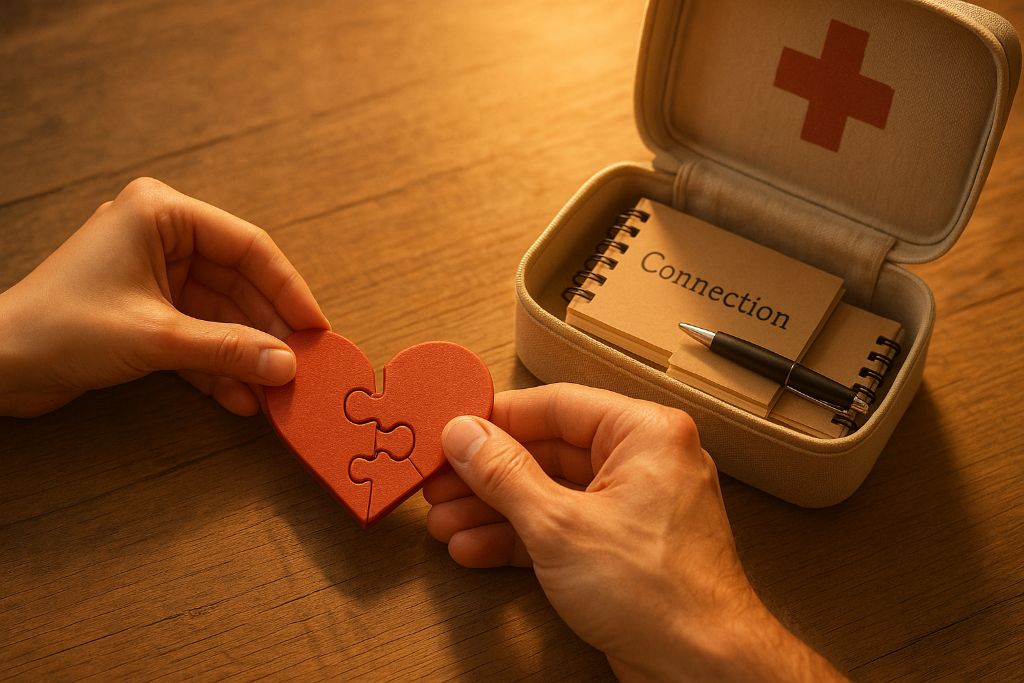 Mâini asamblând un puzzle în formă de inimă lângă o trusă de prim ajutor cu un caiet etichetat Connection