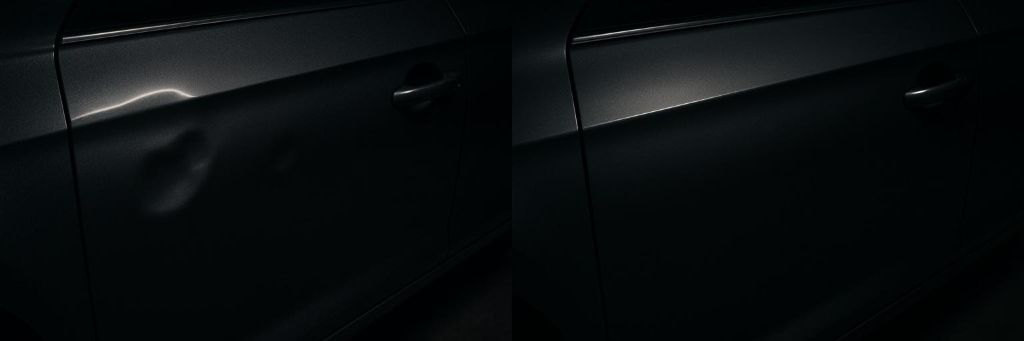 Before and after comparison showing successful paintless dent repair