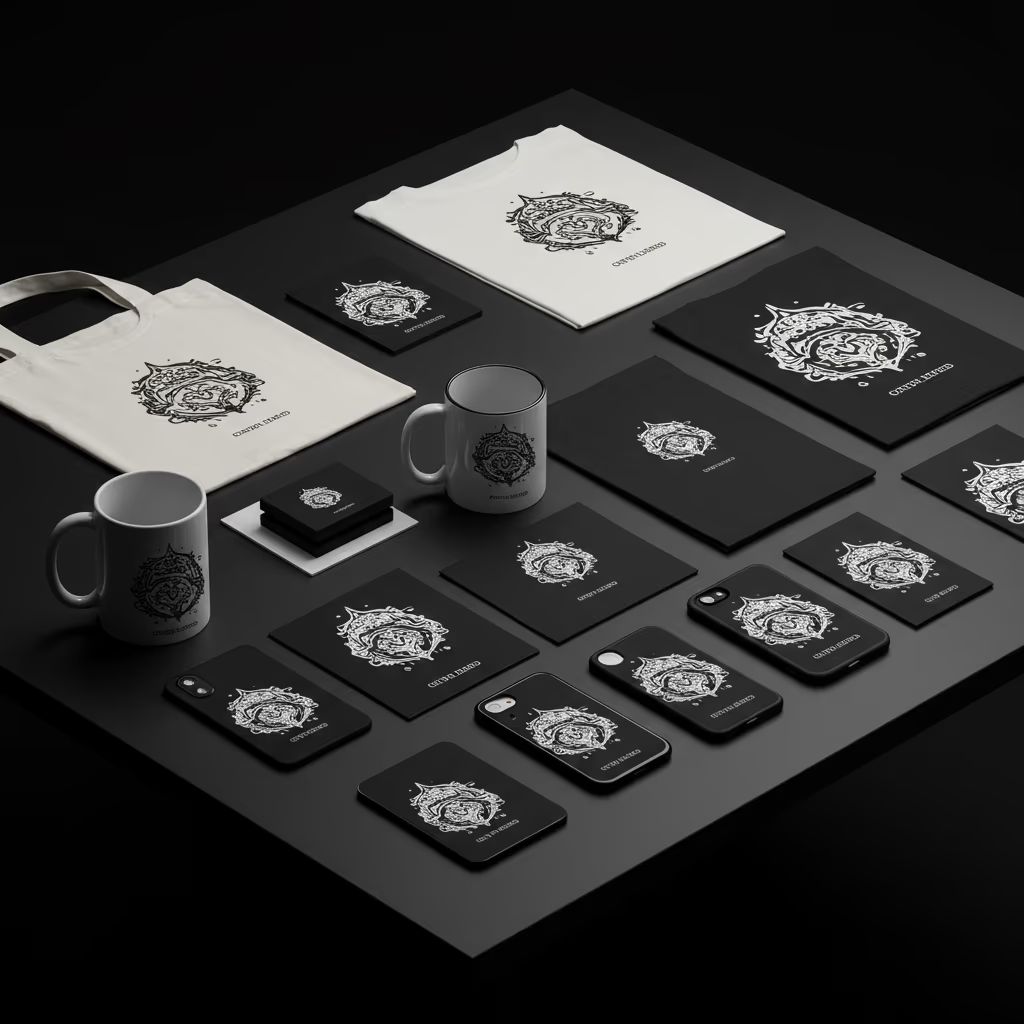 POD Product Collection - Branded merchandise including t-shirts, mugs, bags and phone cases