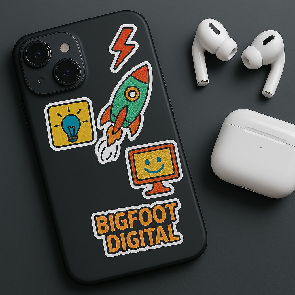 Bigfoot Digital branded phone case with colorful logo stickers